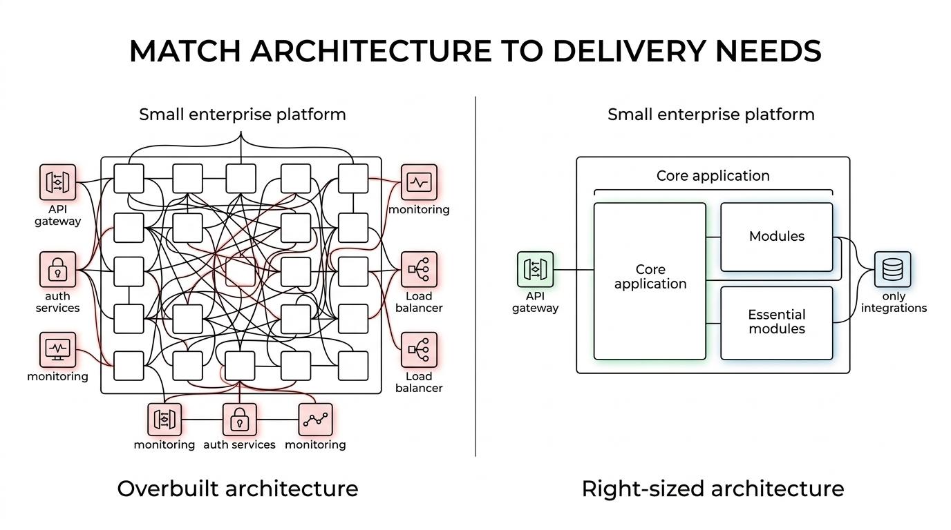 Side-by-side comparison of modular monolith and microservices architecture, showing differences in scaling, ownership, flexibility, and maintenance overhead.